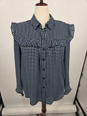 Who What Wear Navy Light Blue On Black Geometric Ruffle-Yoke Blouse XL (7941)